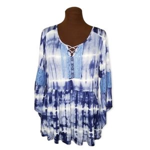 One World Blue Tie Dye Lace Embellished 3/4 Sleeve Top Woman Size L